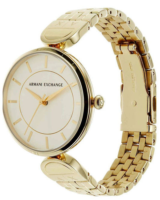 Armani Exchange BROOKE watch with gold bracelet shown at angle
