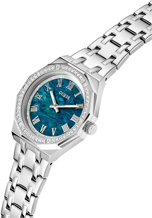 Guess Desire watch angled view showing blue dial and stainless steel bracelet
