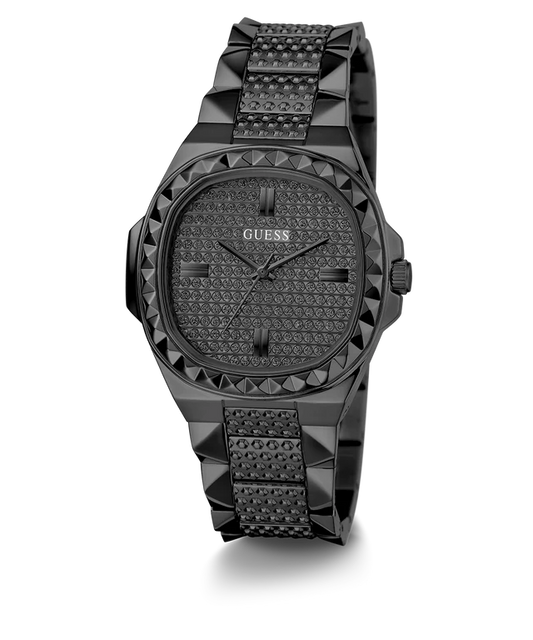 Front view of Guess GW0601L2 black stainless steel women's watch with textured dial and studded bezel