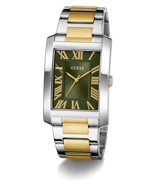 GUESS GW0896G3 watch at 45-degree angle showing 2-tone bracelet and rectangular case