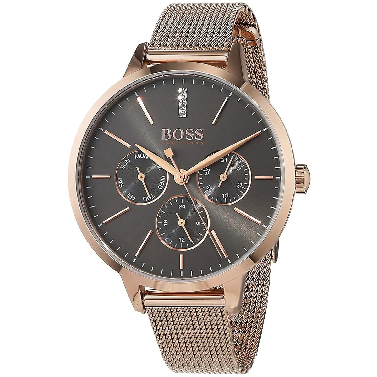 Hugo Boss Symphony watch grey dial rose gold case mesh bracelet three-hand chronograph angled view