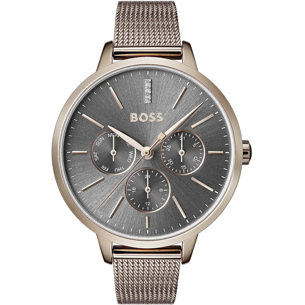 Hugo Boss Symphony grey dial rose gold chronograph watch with mesh bracelet front view