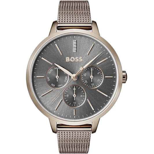 Hugo Boss Symphony grey dial rose gold chronograph watch with mesh bracelet front view