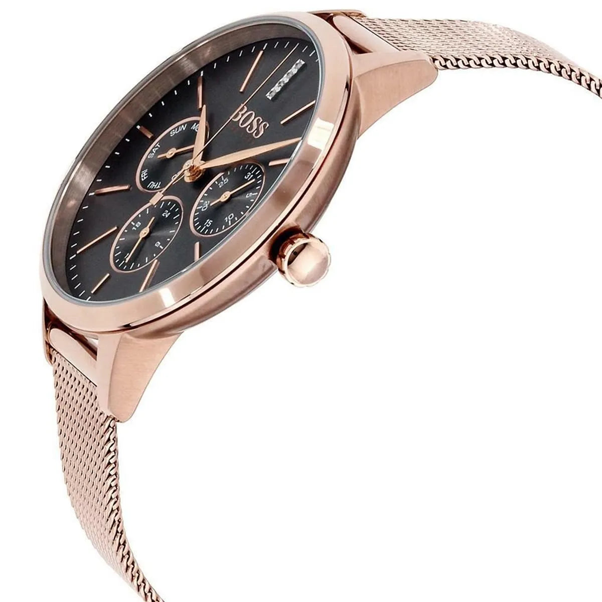 Hugo Boss Symphony rose gold chronograph watch side profile with mesh strap and grey dial