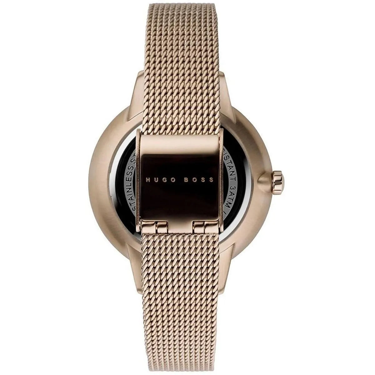 Hugo Boss Symphony women's watch top-down view showing grey dial and rose gold mesh bracelet