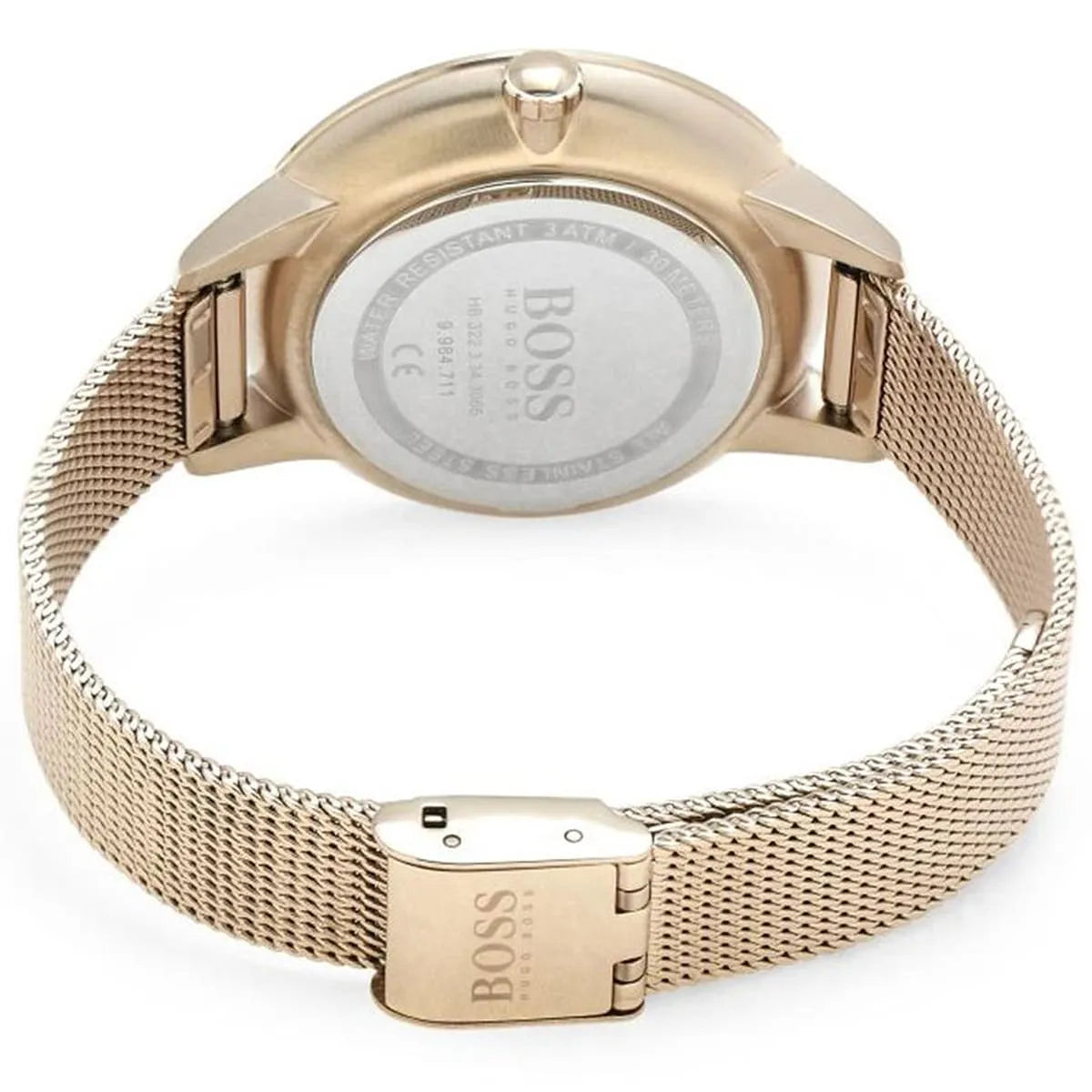 Hugo Boss Symphony rose gold case back detail showing mesh bracelet and clasp design