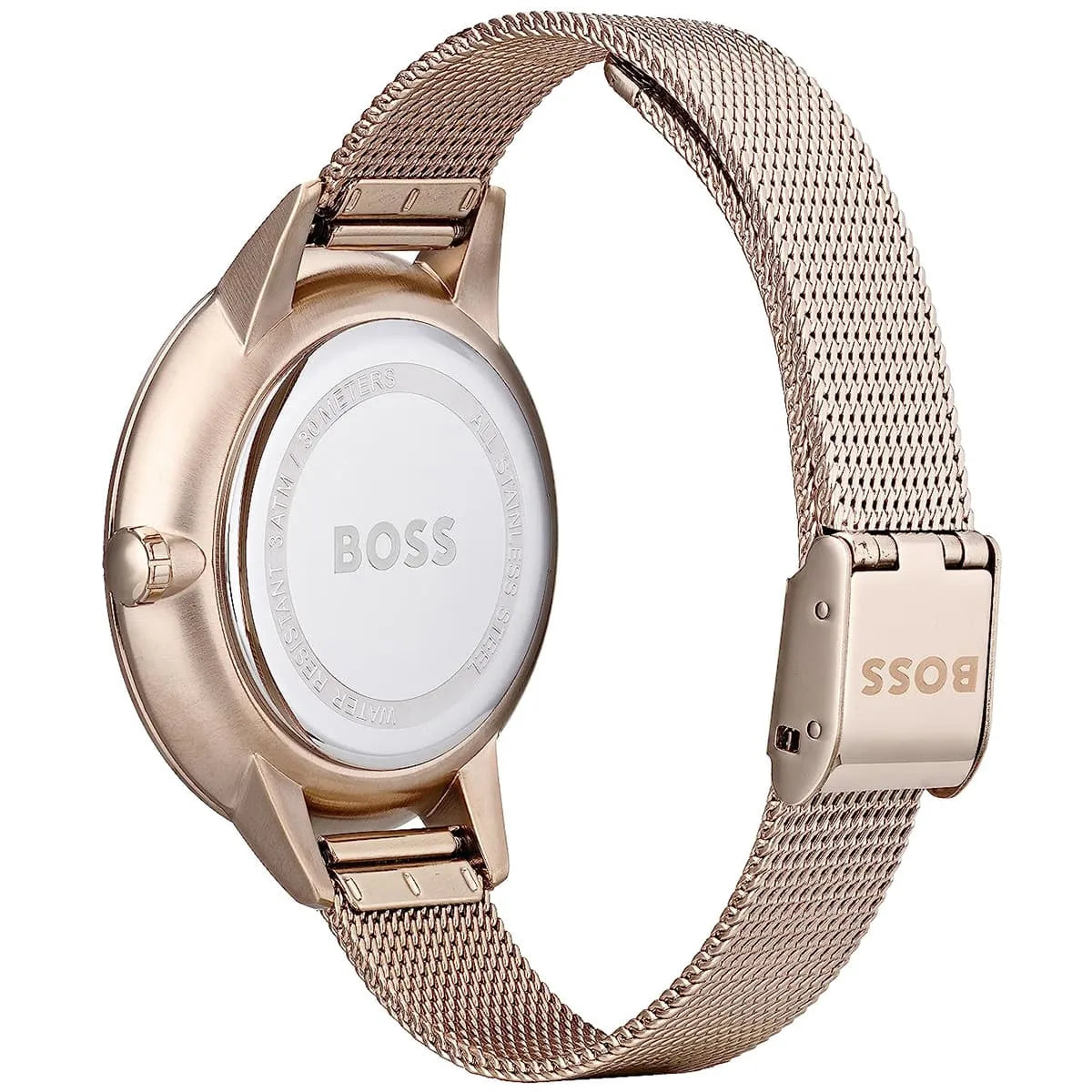 Hugo Boss Symphony watch caseback showing rose gold case back and mesh bracelet closure