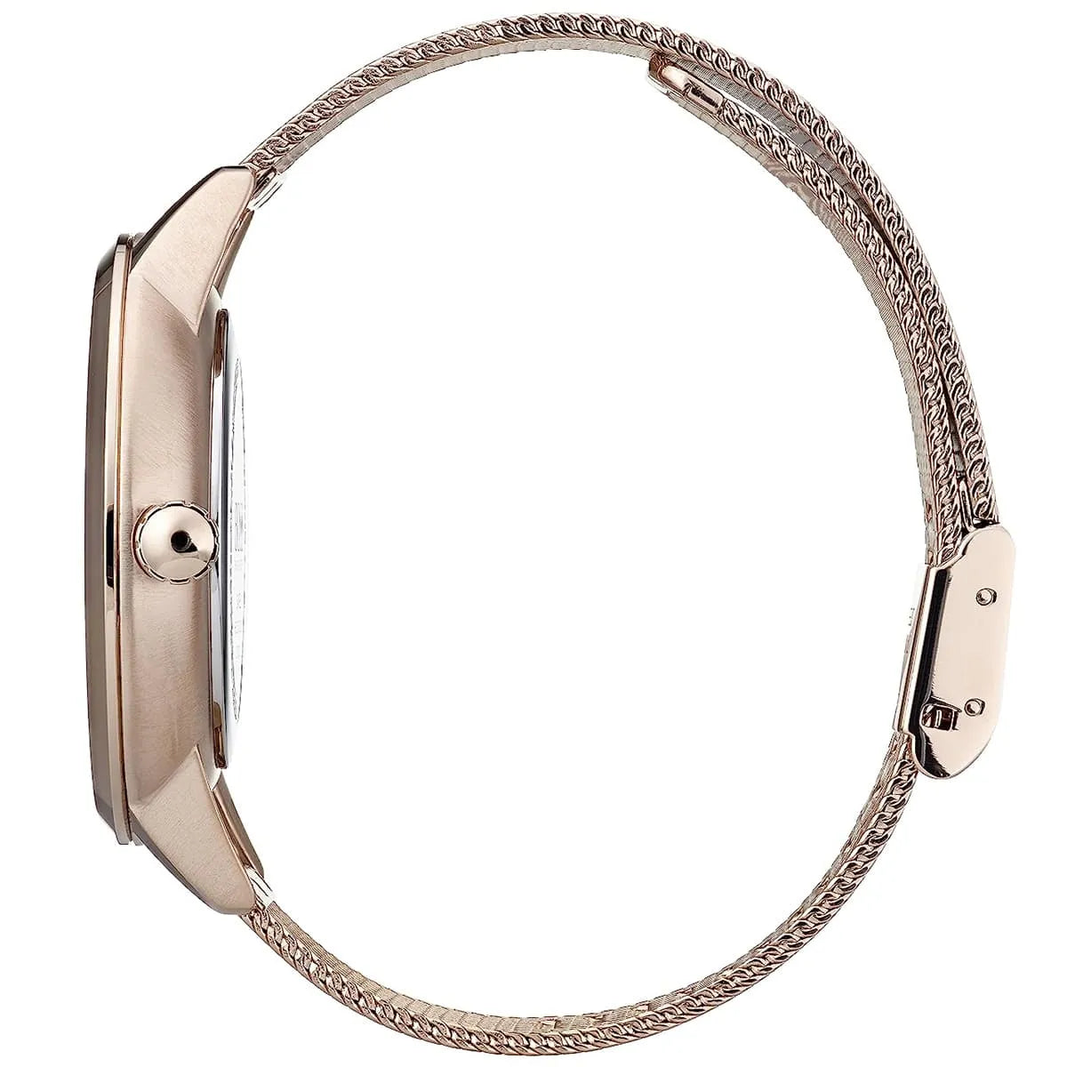 Hugo Boss Symphony mesh bracelet clasp detail with rose gold-tone fold-over closure