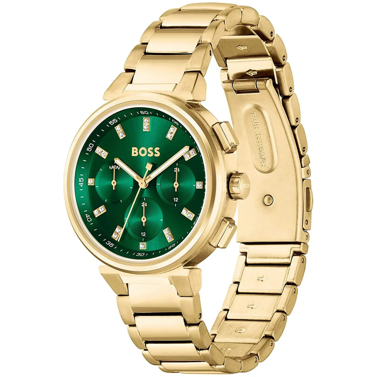 Hugo Boss One Chronograph showing green dial with diamond indices and gold-tone metal strap