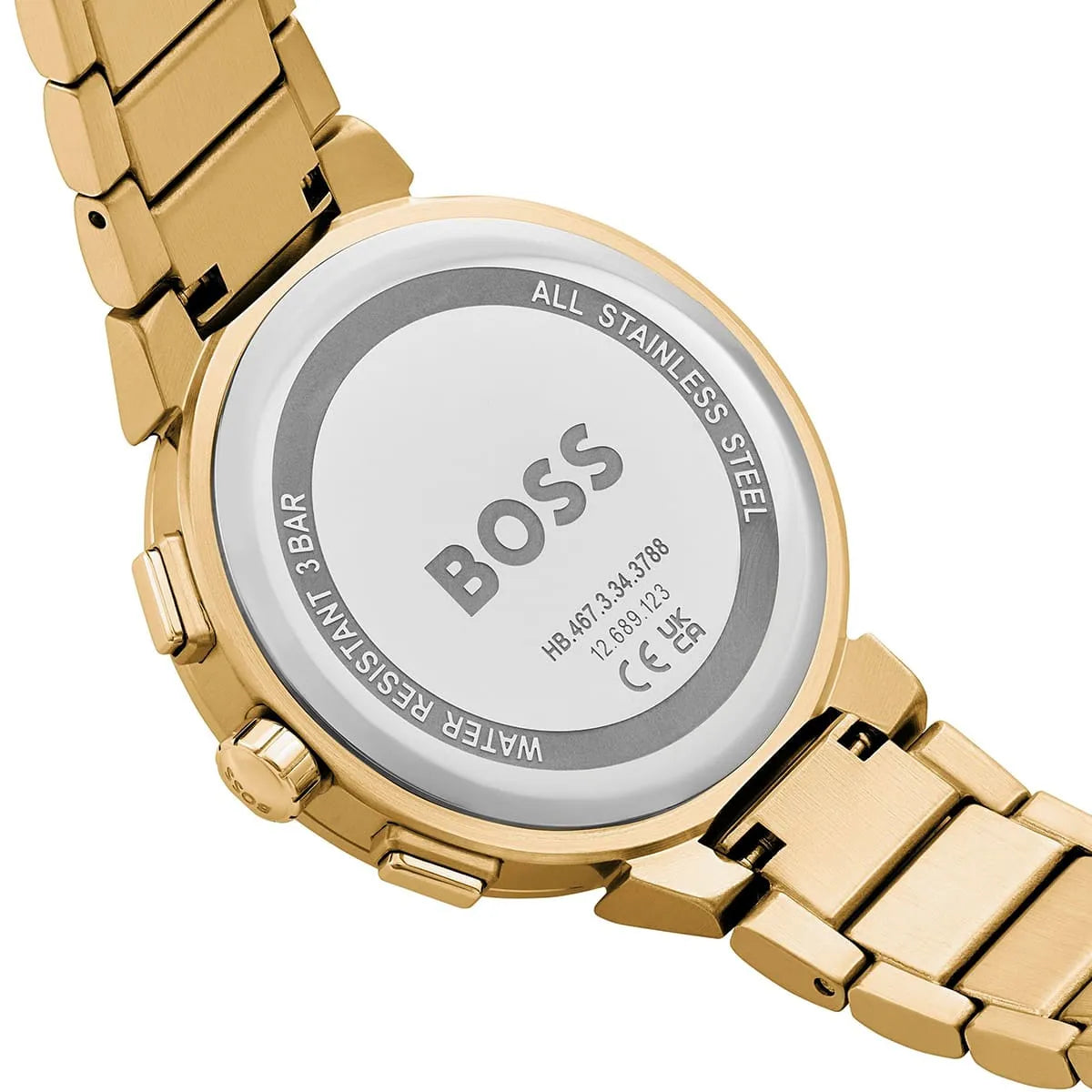 Hugo Boss One caseback showing all stainless steel engraving and water resistance specification