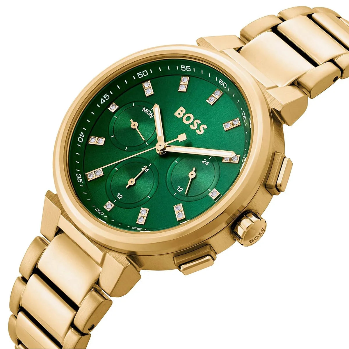 Close-up of Hugo Boss One Chronograph green dial with diamond hour markers and chronograph subdials