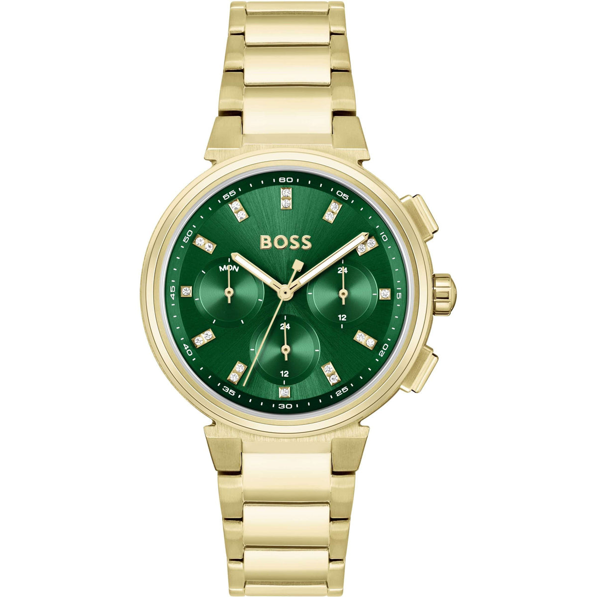 Hugo Boss One Chronograph women's watch with green dial and gold-tone stainless steel bracelet