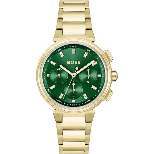 Hugo Boss One Chronograph women's watch with green dial and gold-tone stainless steel bracelet