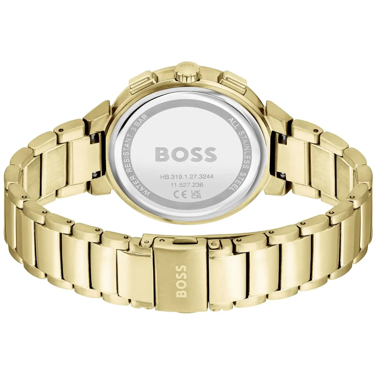 Hugo Boss One Chronograph from side view showing gold-tone stainless steel bracelet and case profile