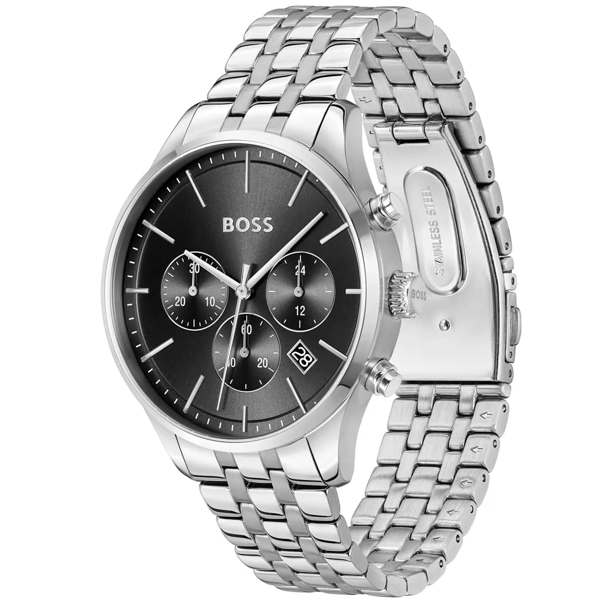 Side angle view of Hugo Boss P-Lux chronograph watch showing stainless steel three-link bracelet and case profile