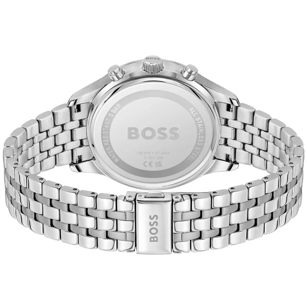 Hugo Boss P-Lux watch caseback with stainless steel bracelet and BOSS engraving visible on case
