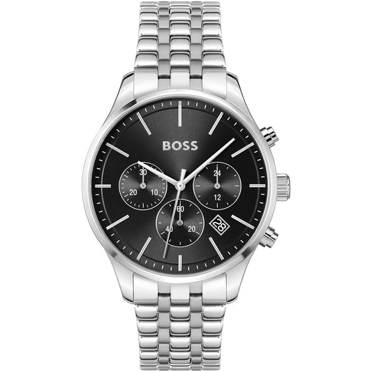 Hugo Boss P-Lux men's chronograph watch with black dial, silver stainless steel bracelet and three subdials
