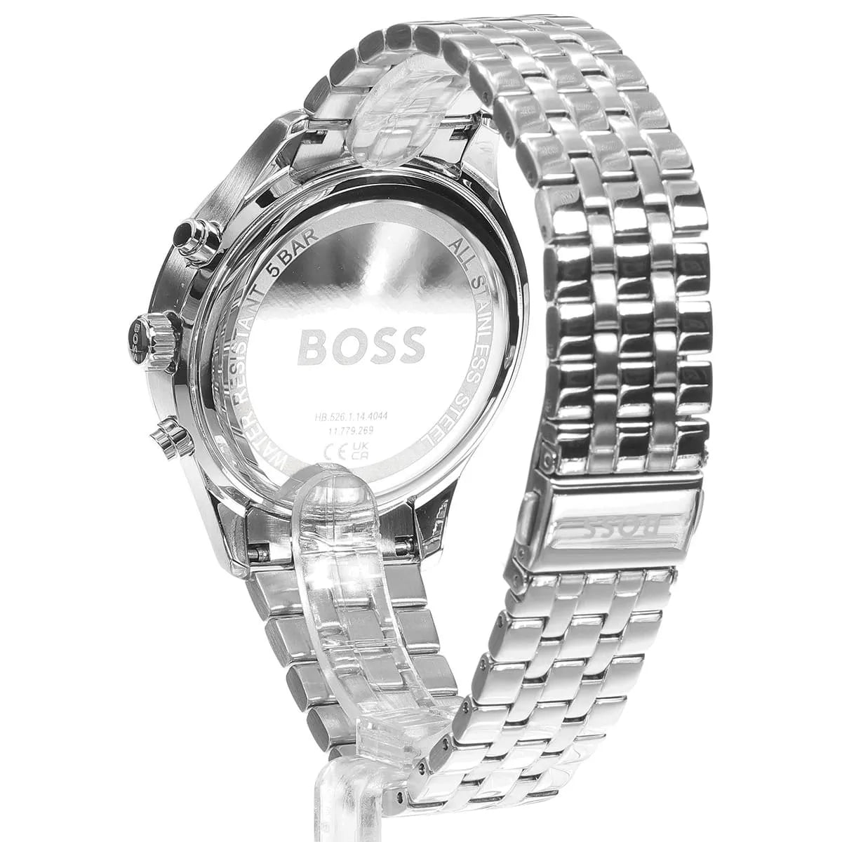 Side profile view of Hugo Boss P-Lux watch showing case thickness and stainless steel link bracelet