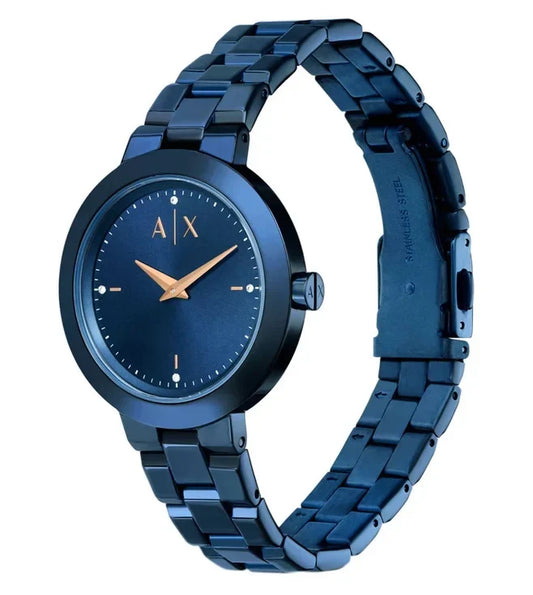 Armani Exchange AX5175 women's watch displayed on wrist with blue steel bracelet