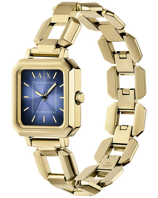 AX5735 watch angled view showing gold-tone stainless steel bracelet and blue rectangular dial