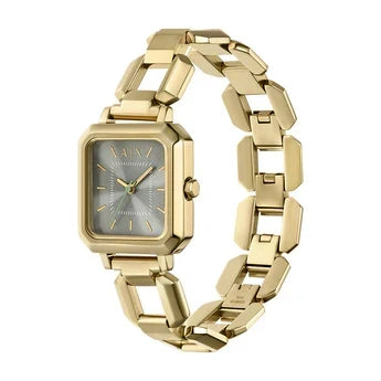 Armani Exchange AX5726 watch shown at angle displaying gold bracelet and grey dial