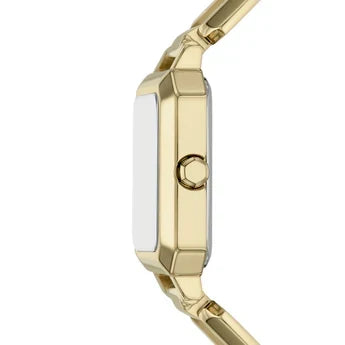 Angled view of Armani Exchange Leila AX5734 gold case and bracelet with crown detail