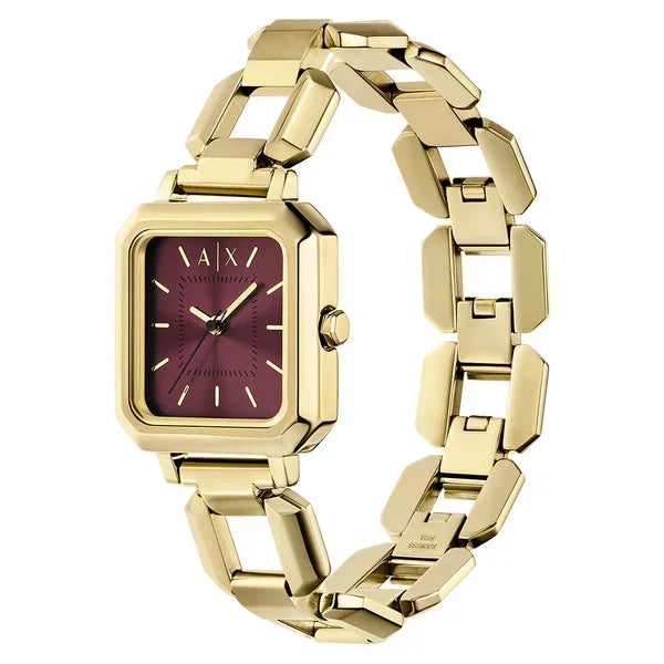 Armani Exchange Leila AX5734 gold-tone bracelet watch on wrist with red dial