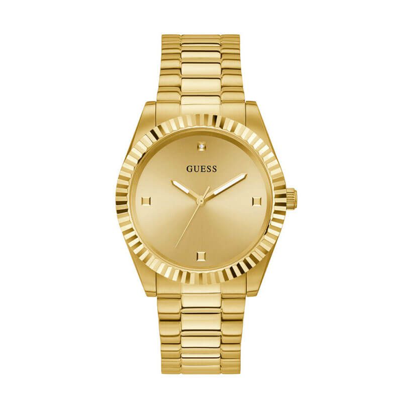 Guess Connoisseur gold dial watch with textured bezel and gold steel bracelet