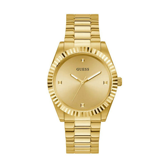 Guess Connoisseur gold dial watch with textured bezel and gold steel bracelet