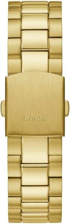 Gold steel link bracelet close-up with Guess branding on clasp