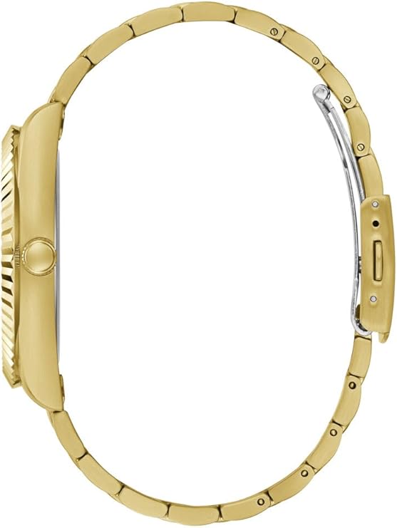 Gold steel bracelet and case side profile of Guess Connoisseur watch
