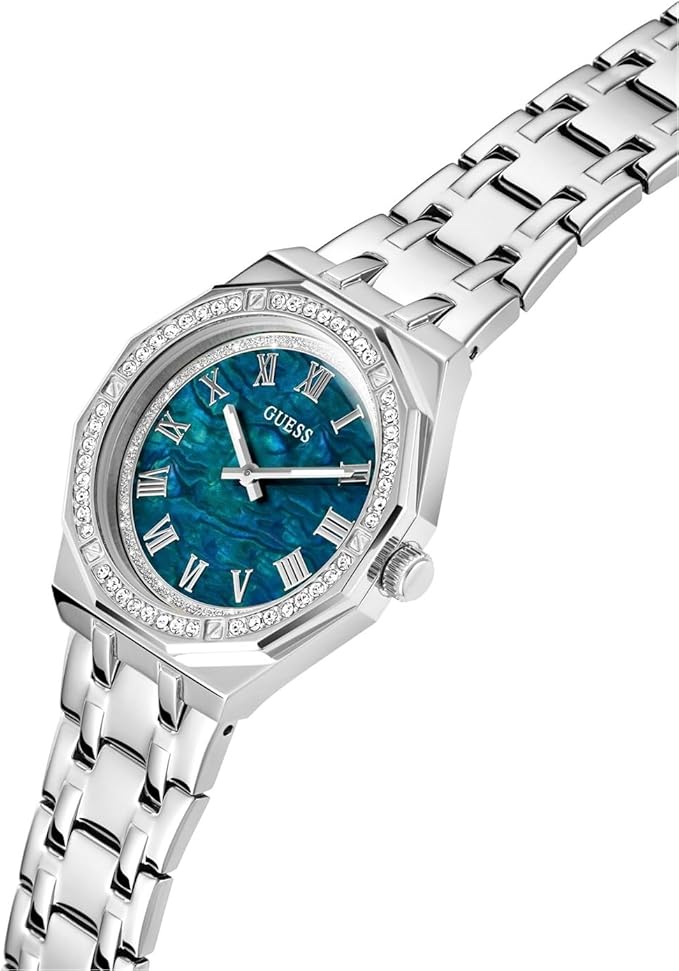 Guess Desire watch angled view showing blue dial and stainless steel bracelet