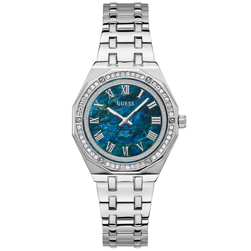 Guess Desire ladies watch with blue MOP dial, crystal-set bezel, and stainless steel bracelet