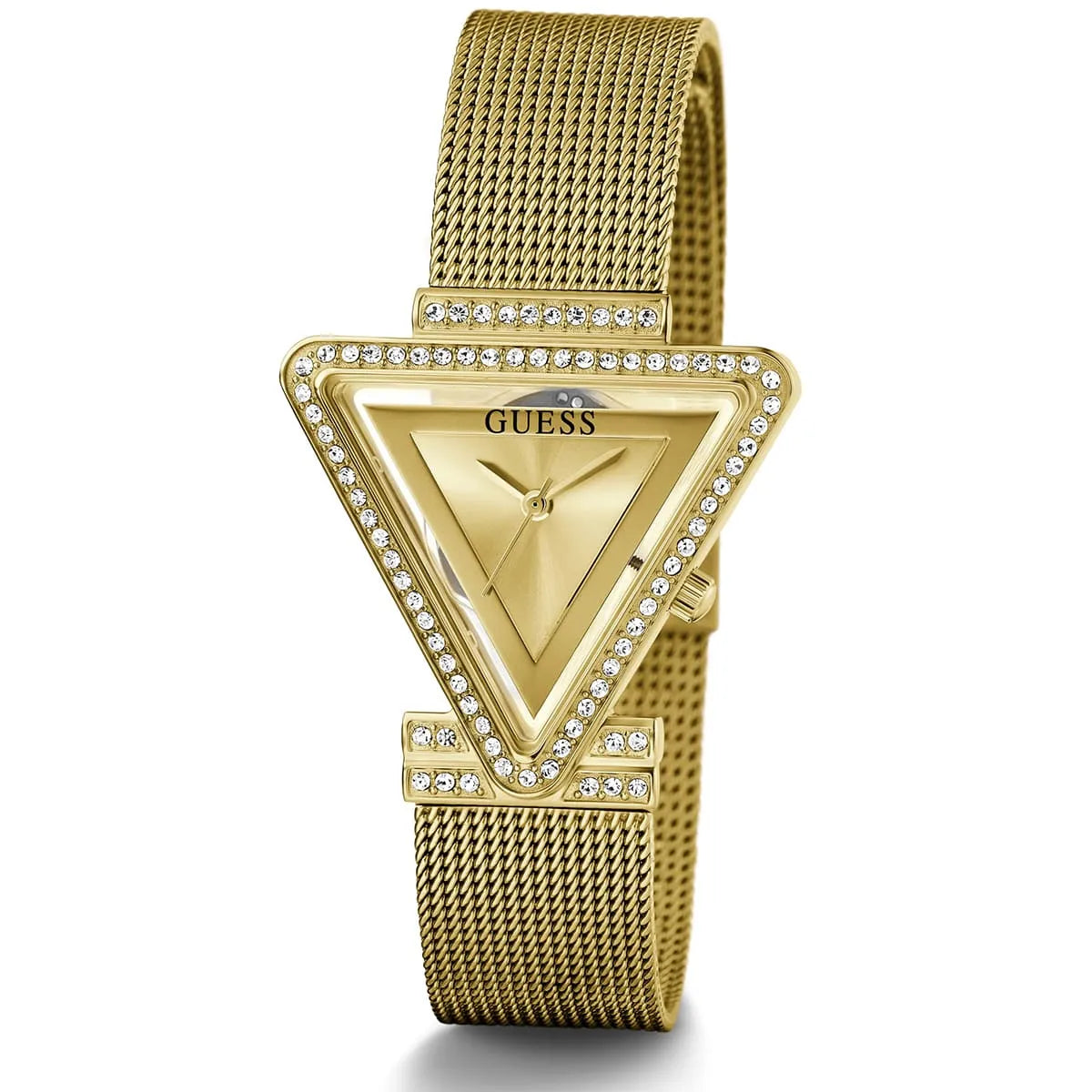 Guess Fame women's watch angled view showing gold triangular case and crystal bezel