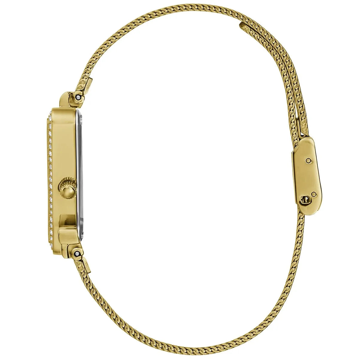 Guess Fame watch full strap view showing complete gold mesh band length