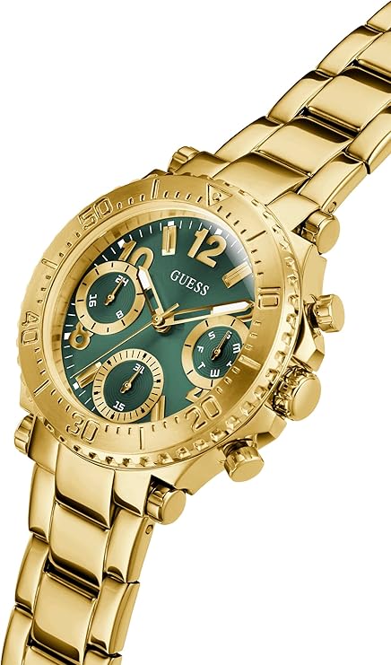 Guess GW0465L5 chronograph watch angled view with teal dial and gold accents