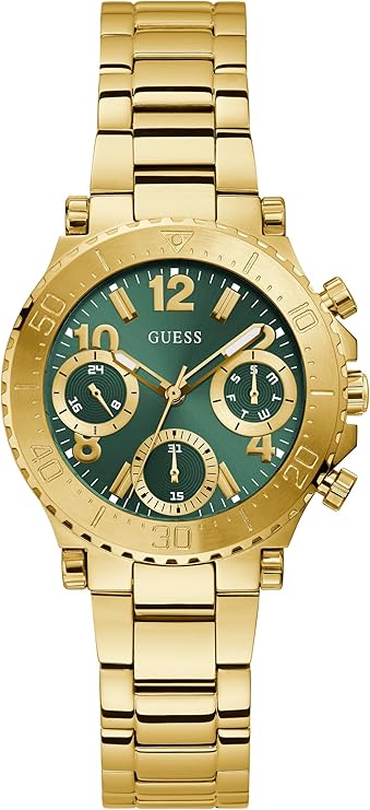 Guess GW0465L5 gold-tone analog watch with teal dial and triple subdials