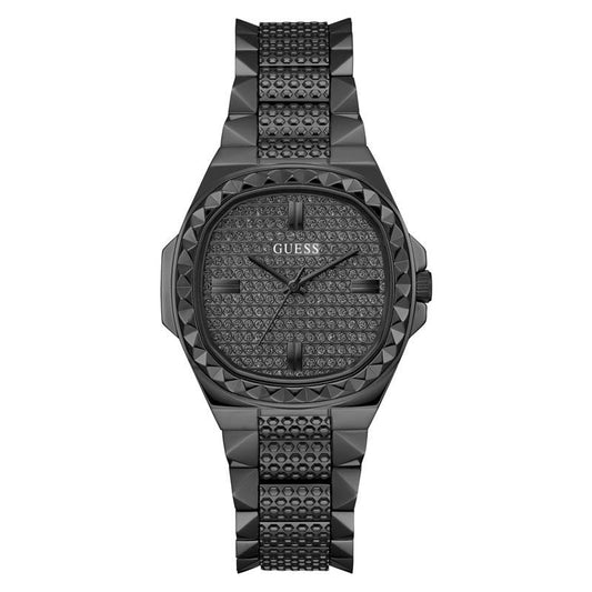 Guess women's watch with black stainless steel case, geometric patterned dial, pyramid bezel, and matching bracelet