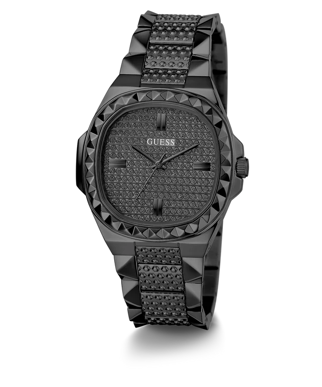 Front view of Guess GW0601L2 black stainless steel women's watch with textured dial and studded bezel