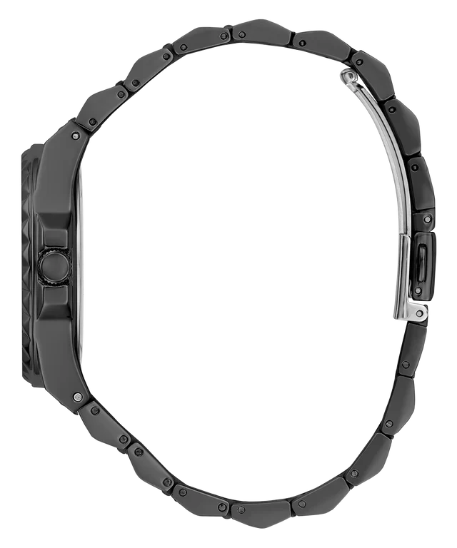 Side profile view of Guess GW0601L2 black stainless steel watch bracelet and case thickness