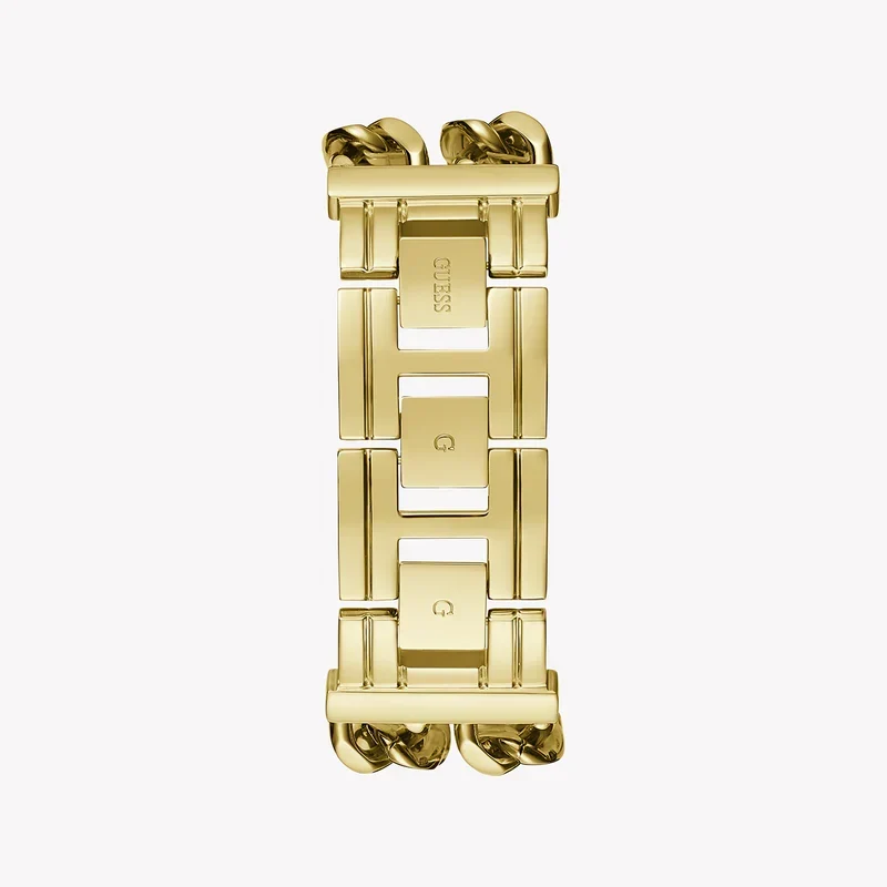 Guess GW0669L1 women's watch caseback showing gold bracelet construction