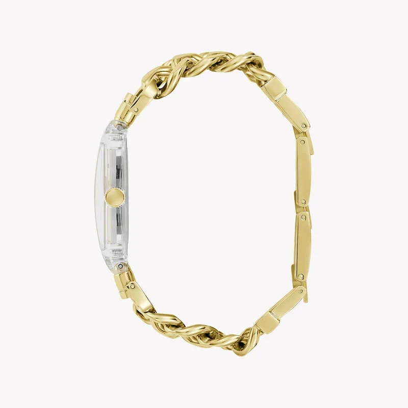 Guess GW0669L1 women's watch with gold chain-link bracelet on wrist