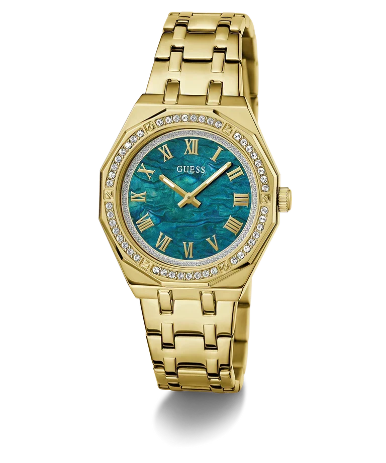 GUESS GW0770L2 ladies analog watch front view with teal blue dial and gold case