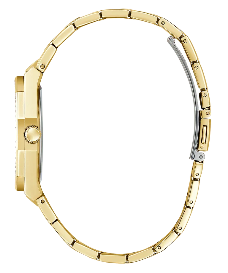 Side view of GUESS GW0770L2 watch showing gold-tone link bracelet and case profile