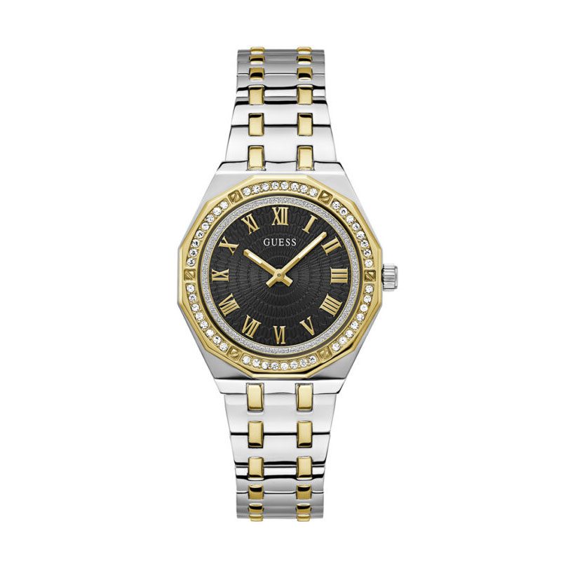 GUESS 2-tone analog ladies watch with crystal-set bezel, black dial, Roman numerals, and two-tone bracelet