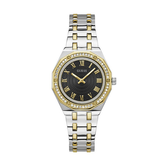 GUESS 2-tone analog ladies watch with crystal-set bezel, black dial, Roman numerals, and two-tone bracelet
