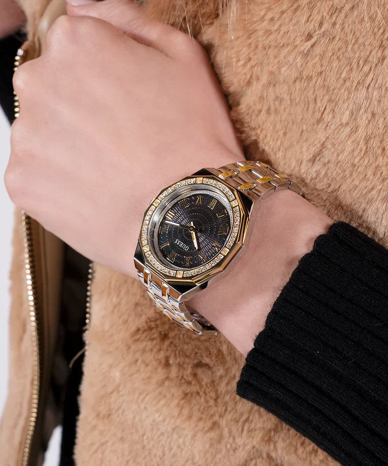 GUESS GW0770L4 2-tone watch worn on wrist, featuring black dial and crystal bezel