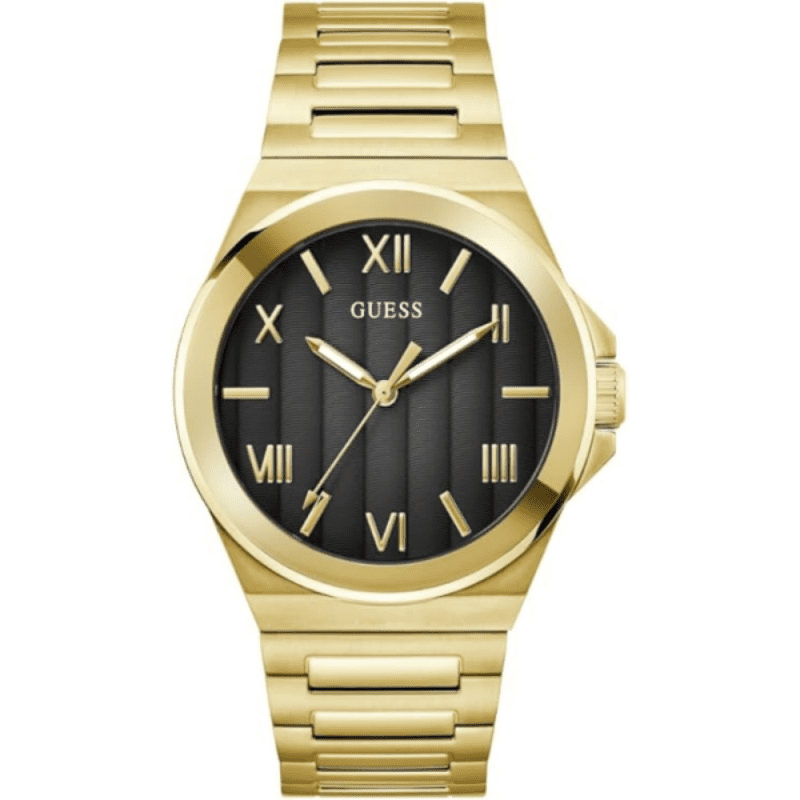GUESS gold tone analog mens watch with black dial and Roman numeral markers