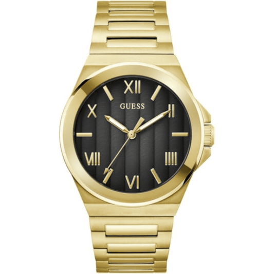 GUESS gold tone analog mens watch with black dial and Roman numeral markers