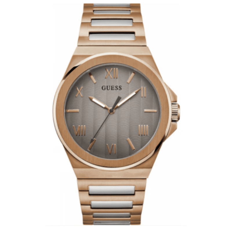GUESS men's watch with rose gold case, grey sunray dial with Roman numerals, and rose gold bracelet